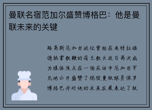 曼联名宿范加尔盛赞博格巴：他是曼联未来的关键