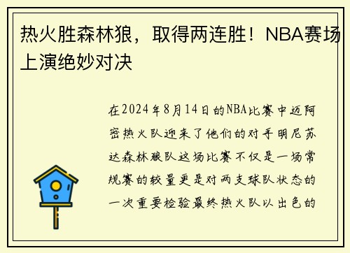 热火胜森林狼，取得两连胜！NBA赛场上演绝妙对决