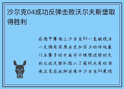 沙尔克04成功反弹击败沃尔夫斯堡取得胜利