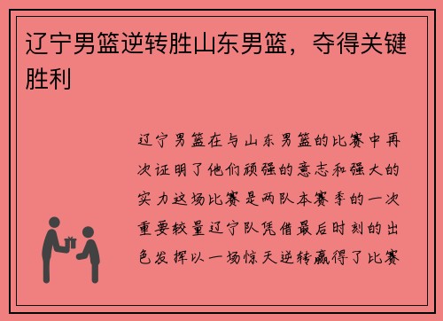 辽宁男篮逆转胜山东男篮，夺得关键胜利