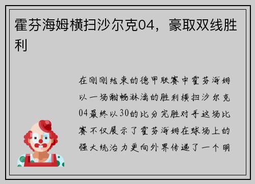 霍芬海姆横扫沙尔克04，豪取双线胜利